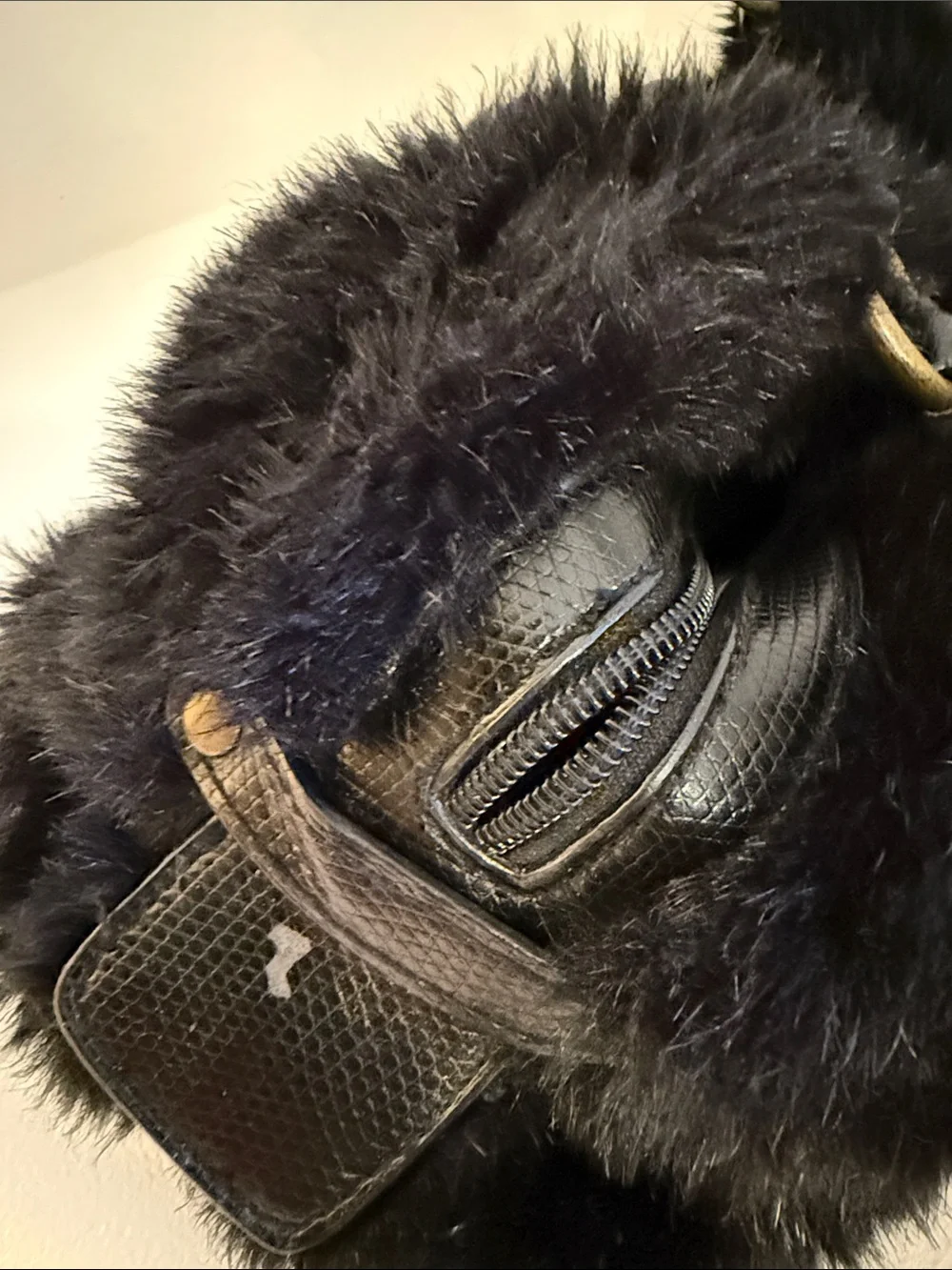 Black Faux Fur Top-Handle Satchel with Embellished Buckle